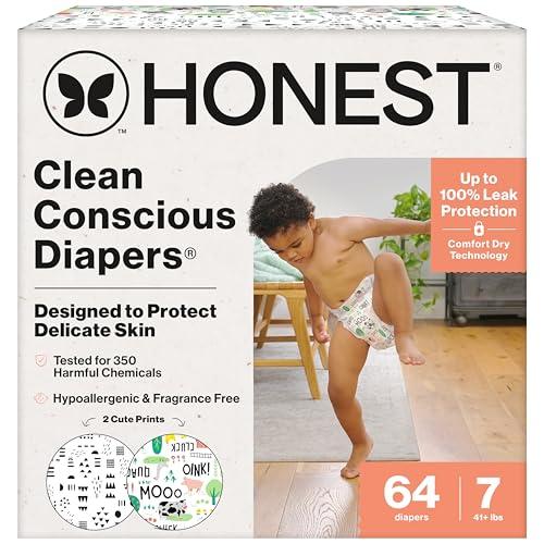 The Honest Company Comfort Dry Disposable Diapers for Sensitive Skin, Hypoallergenic, Barnyard Babies + Pattern Play, Super Club Box, Size 7, (41 lbs), 128 Count
