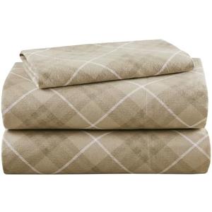 Codi Flannel Sheets Twin Size- 3 Pieces Ultra Soft Warm Sheet Set, Cozy 100% Cotton Tan Plaid Bedsheets, Brushed for Extra Softness, Fall Themed, 12 Inch Deep Pocket