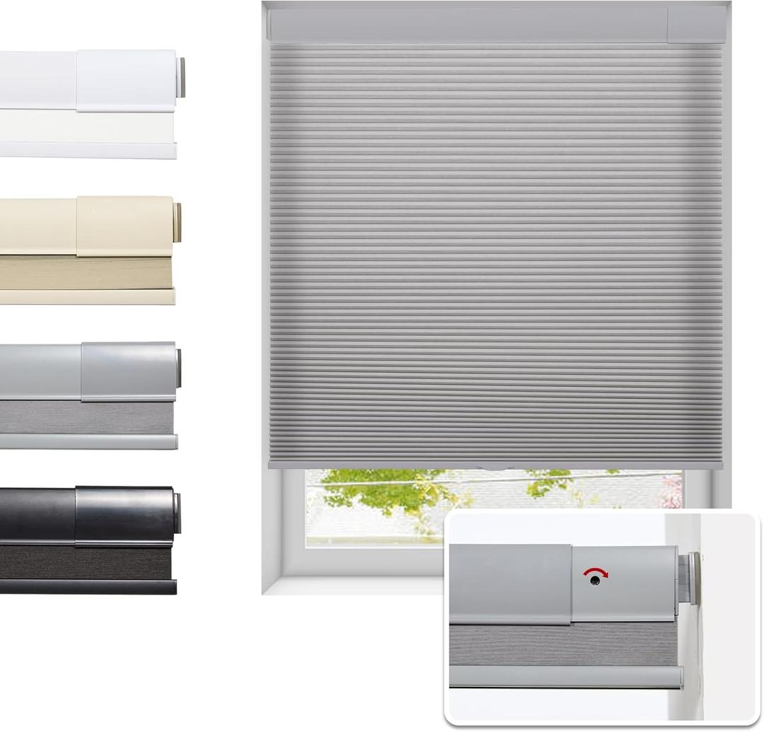 No Drill Cellular Shades for Indoor Windows, Thermal Insulating & Noise Reducing Honeycomb Blinds, Cordless Free Stop Blinds Light Filtering, Grey,34 1/2" W x 64" H