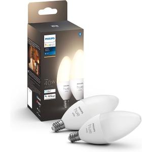 Philips Hue Smart 40W B39 Candle-Shaped LED Bulb - Soft Warm White Light - 2 Pack - 450LM - E12 - Indoor - Control with Hue App - Works with Alexa, Google Assistant and Apple Homekit