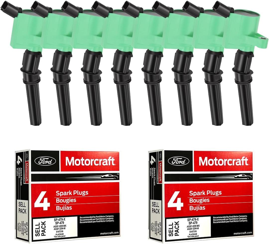 MAS Set of 8 Green Ignition Coil Pack DG508 & 8Pcs Motorcraft Spark Plug SP479 Compatible with Ford F150 F250 E150 E350 Expedition Excursion Super Duty Lincoln Navigator 5.4L V8 DG457 DG472 DG491