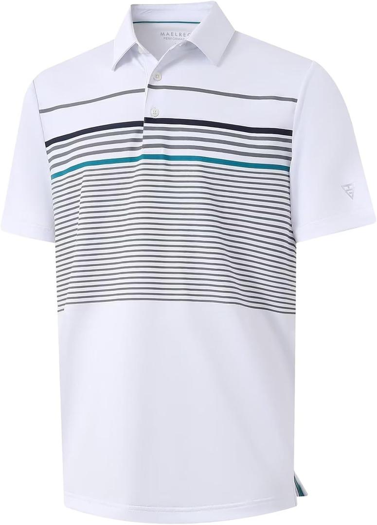 M MAELREG Golf Shirts for Men Short Sleeve Regular Fit Moisture Wicking Performance Casual Striped Print Mens Polo Shirts (XL)