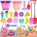 Beach Sand Toys Set Includes Collapsible Buckets 2 Big Size Sand Shovels, Rake, Animal Sand Molds Toys with Mesh Bag Silicone Pail, Sandbox Kit for Kids Age 3+ (19 PCS)