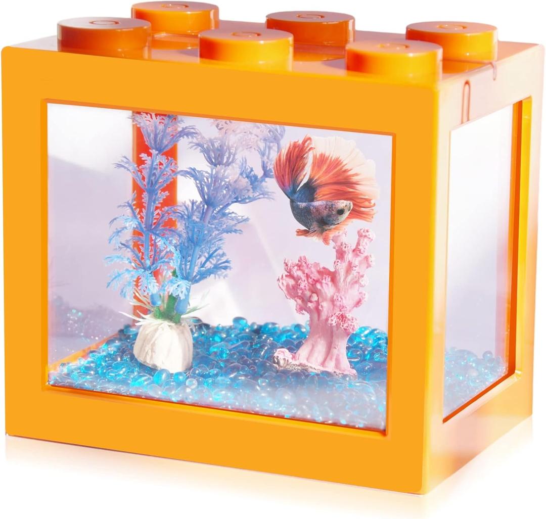 Small Betta Fish Tank, Stackable Mini Fish Tank Aquarium Tank Kit, 3/5 Gallon Rectangular Fish Bowl with Aquarium Gravel Decoration, Tiny Cube Tank for Seaweed Balls Sea Monkeys (Orange)