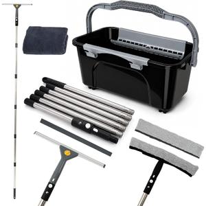 Window Washing Kit with Extension Pole(19–94.5"), Window Squeegee with Extension Pole, High Reach Window Cleaning Kit, 3 Gallon Bucket, Streak-Free Outdoor Window Cleaner, Extra Refills