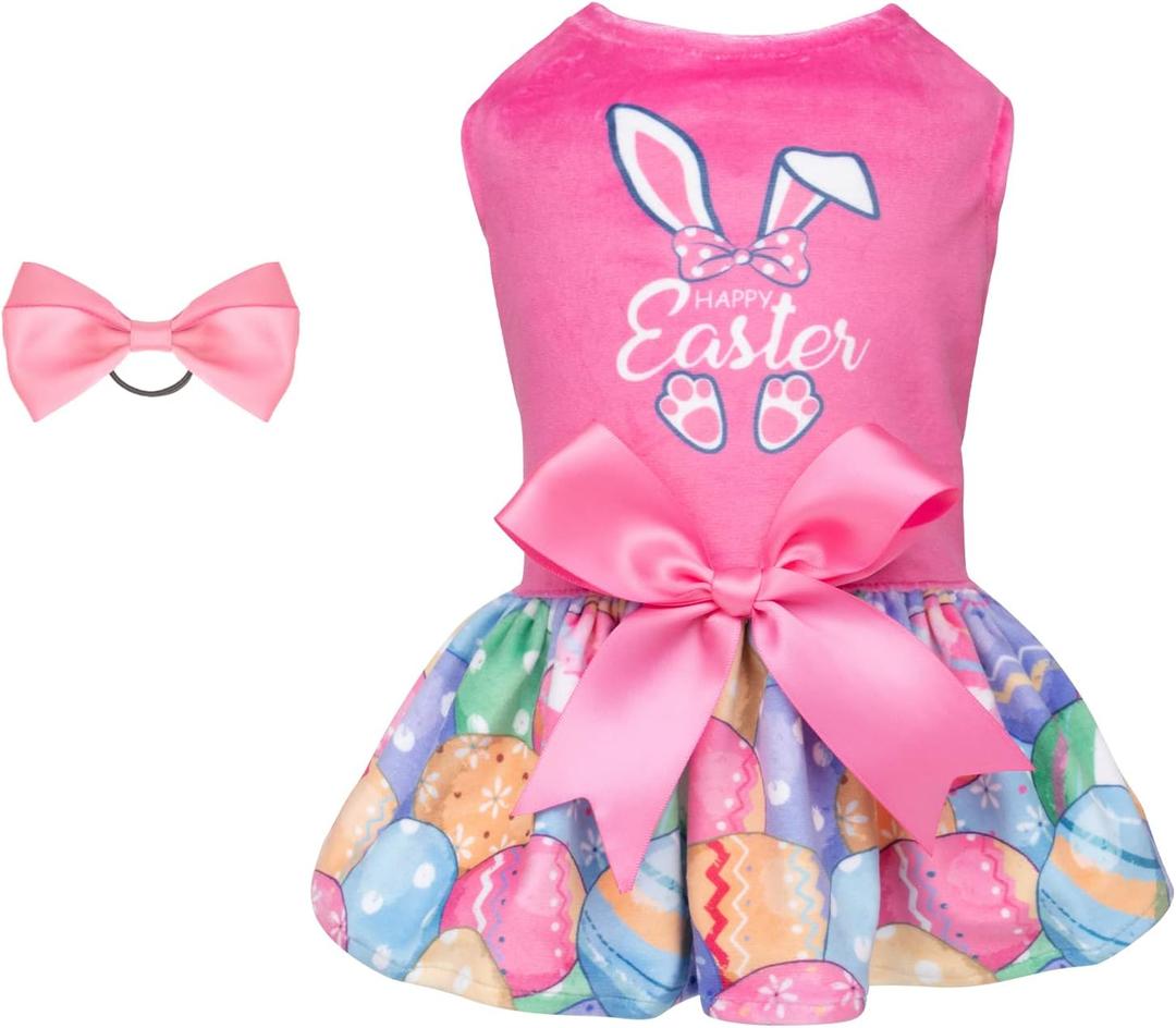 CuteBone Happy Easter Eggs Dog Dress Velvet for Small Dogs Girl Pink Puppy Dresses Dog Clothes CVA18L-D, Large