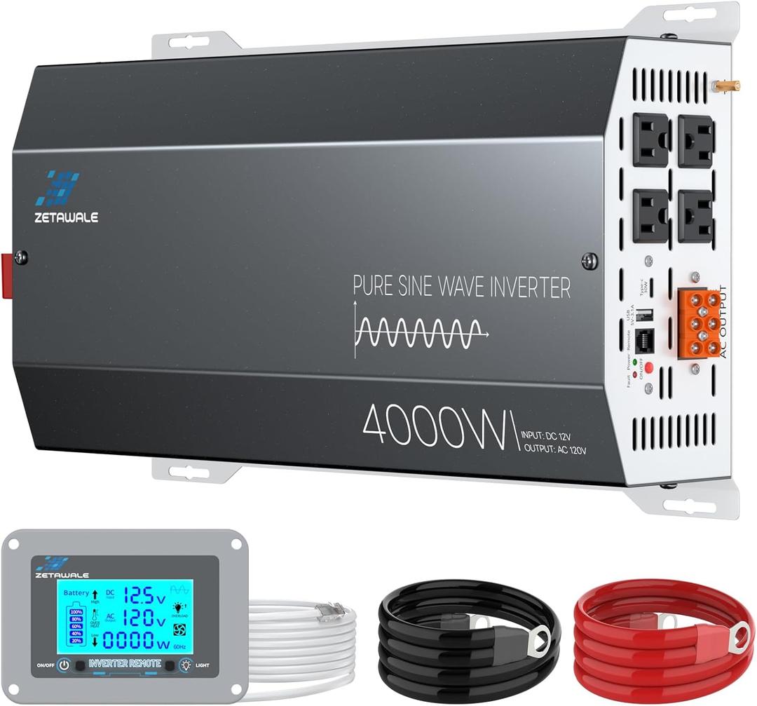 4000 Watt Pure Sine Wave Inverter 12v DC to 110v 120v AC Converter,8000W Peak Power Inverter with 4 AC Outlets,USB Port,Type-C,Remote Control LCD Display for Truck, RV, Vehicles, Solar Off-Grid