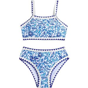 SHENHE Girl's High Waisted Swimsuit Floral Graphic Contrast Binding 2 Piece Tankini Set Swimwear (Blue) 11Y