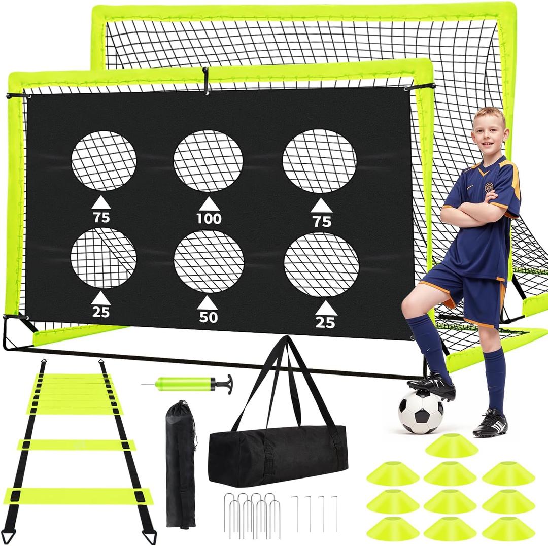 Kids Soccer Goals for Backyard Set of 2-6x4 ft Portable Pop Up Soccer Nets Training Equipment with Soccer Ball, Ladder, Cones, Ideal Birthday for Kids,Baseball & Softball Batting Cages (Yellow)