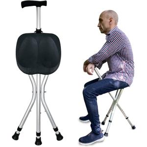 Portable Adjustable Folding Walking Cane with Seat Allows Durability While Walking and Convenience for Sitting, Alloy Crutch Chair, Anti-Slip Lightweight Walking Stick for Seniors (Black)