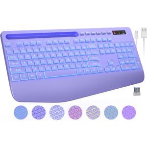 Wireless Keyboard with 7 Colored Backlits, Wrist Rest, Phone Holder, Rechargeable Ergonomic Computer Keyboard with Silent Keys, Full Size Lighted Keyboard for Windows, MacBook, PC, Laptop (Purple)