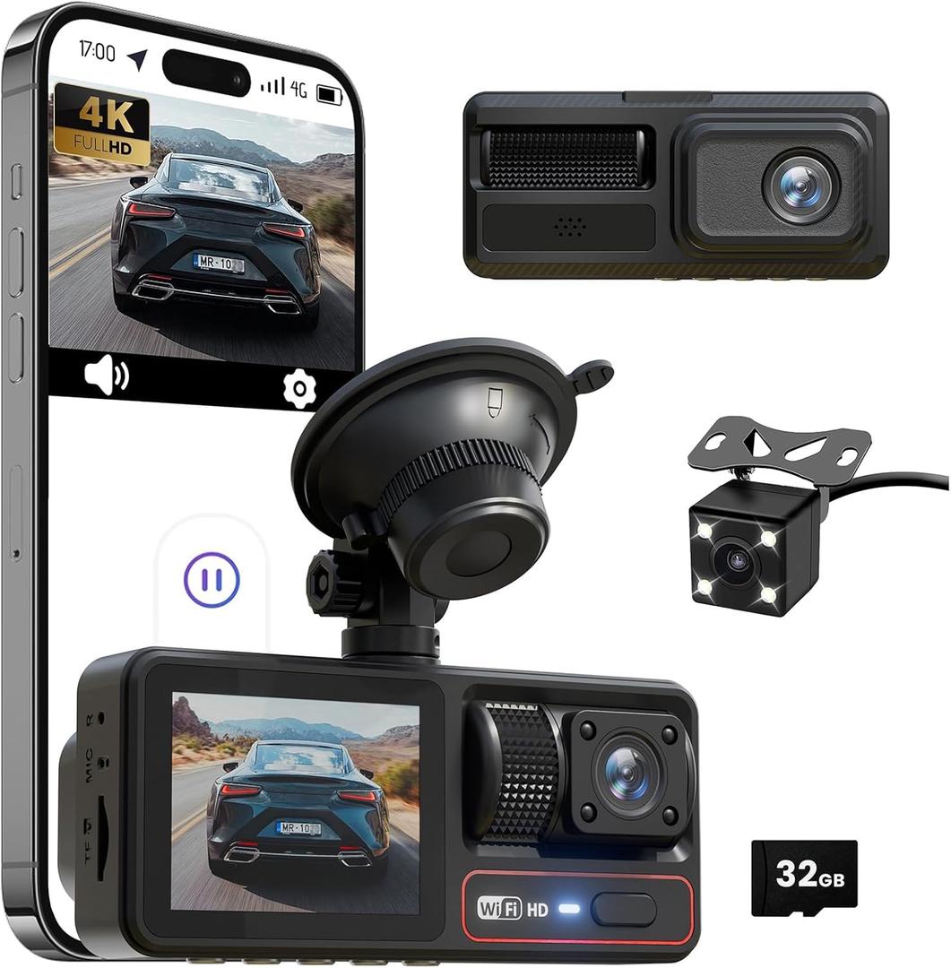 3 Channel Dash Camera for Cars,Triple Lens 4K+1080P+1080P Dash Cam Front Rear Inside,Built-in 5G WiFi & App, Night Vision,24H Parking Mode,Loop Recording,170 Wide Angle,32GB Card Included(Black)