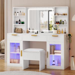 YITAHOME Large Vanity Desk with LED Mirror and Lights, 56.3" Makeup Vanity Set with Glass Cabinets, Open Shelves, Power Outlet, Cushioned Stool