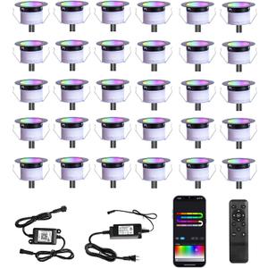 LED Deck Lights Kit, 30 Pack 1.77" Smart RGBW+IC Outdoor Lights | Low Voltage Recessed Deck & Step Lights | IP67 Waterproof Landscape Lighting for Stairs, Pool Deck & Garden | Works with Alexa/Google