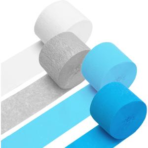 Crepe Paper Streamers 4 Rolls 328ft, Pack of White, Silver, Royal Blue, Light Blue Party Streamers for Birthday Wedding Ceremony Party Baby Bridal Shower Decorations (1.8Inch x 82Ft/Roll)
