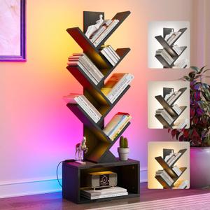 Evermagin 6 Tier Tree Bookshelf with Lights, LED Book Tree Bookcase with Storage Organizer, Small Corner Bookshelf Floor Standing Book Shelf for Living Room, Bedroom & Home Office, Black