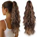 Claw Clip Ponytail Extension 18 Inch Synthetic Fiber Long Wavy Curly Ponytail Extension Fluffy Natural Looking Highlights Clip in Ponytail Hairpiece for Women (Dark Brown Mixed Honey Brown)