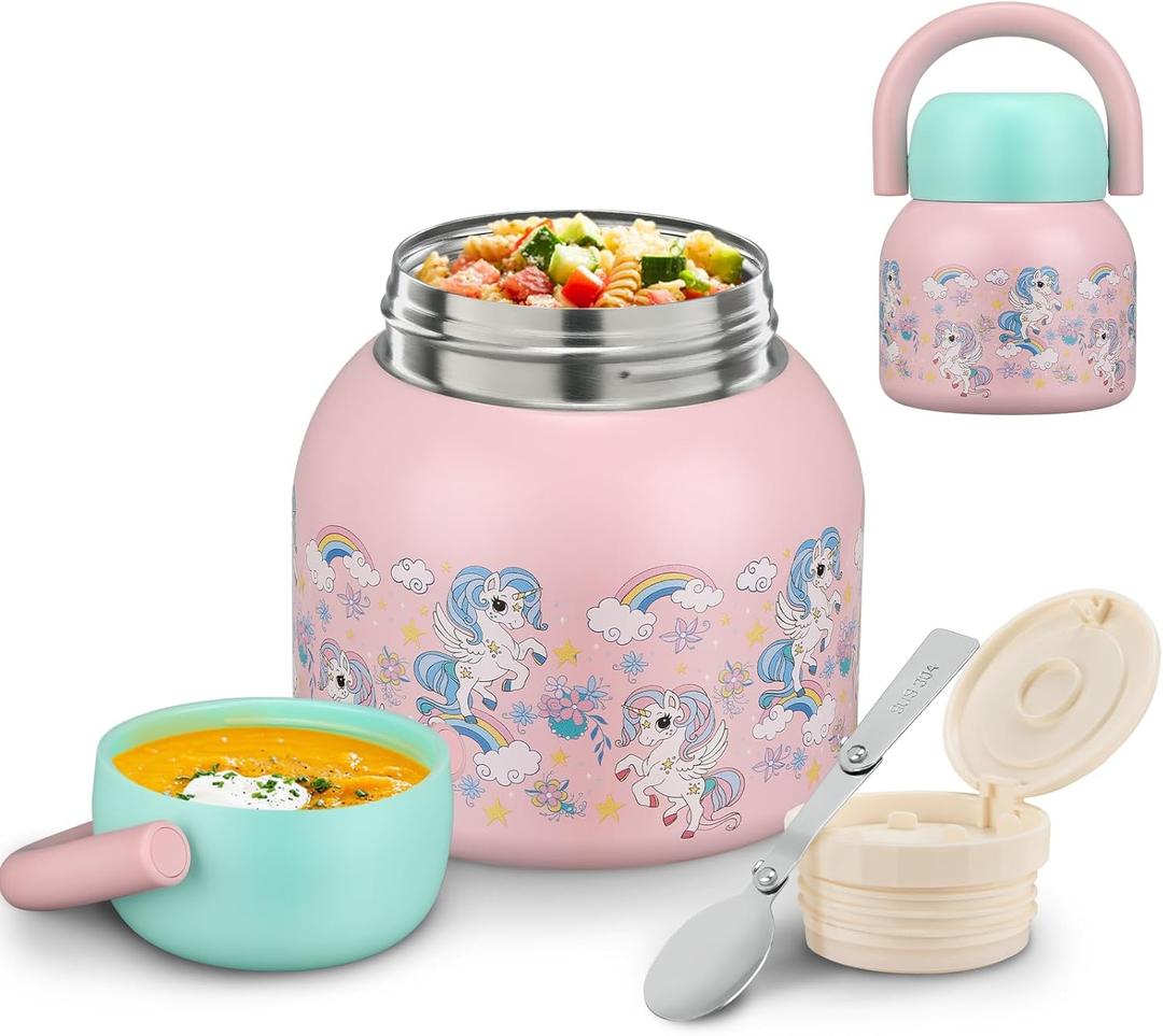 17 Oz Thermo Food Jar for Hot & Cold Food for Kids, Insulated Lunch Containers Hot Food Jar with Spoon,Comfy Handle,Leak-Proof Vacuum Stainless Steel Wide Mouth Lunch Soup Thermo for School (Pink - Unicorn)
