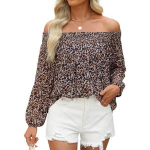 ZESICA Women's Summer Off Shoulder Tops 2025 Floral Chiffon Long Sleeve Loose Dressy Casual Shirts Blouses, S