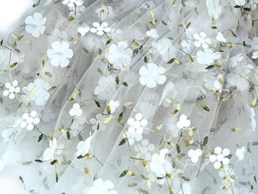 51 inches Width 3D Vivid Floral Chiffon Embroidery Lace Fabric by The Yard (White)