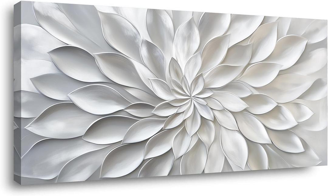 LASMOND White Abstract Floral Wall Art for Bedroom Canvas Painting Prints Modern Lines Blooming Flower Petal Artwork Office Decor (40"L x 20"W)