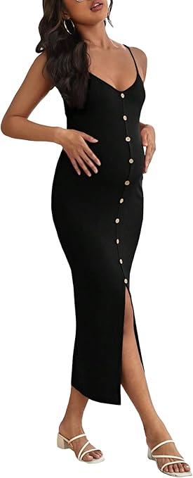 OYOANGLE Women's Maternity Cami Dress Split Hem Rib Knit Buttoned Sleeveless Long Bodycon Slip Dresses
 (Medium, Black)