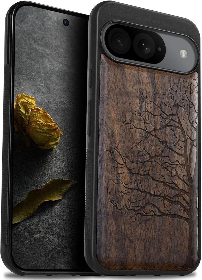 Carveit Wood Case for Pixel 9 Case [Natural Wood & Black Soft TPU] Shockproof Protective Unique Wooden Cover Compatible with Google Pixel 9 (Eternal Tree-Walnut)