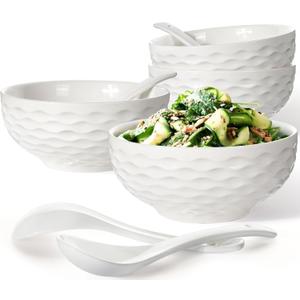 Artena Soup & Cereal Bowls With Spoons, 26 OZ Embossed Ceramic Ramen Bowl Set, 6 Inch White For Salad, Pho, Breakfast, Set Of 4, Dishwasher & Microwave Safe (Seawave)