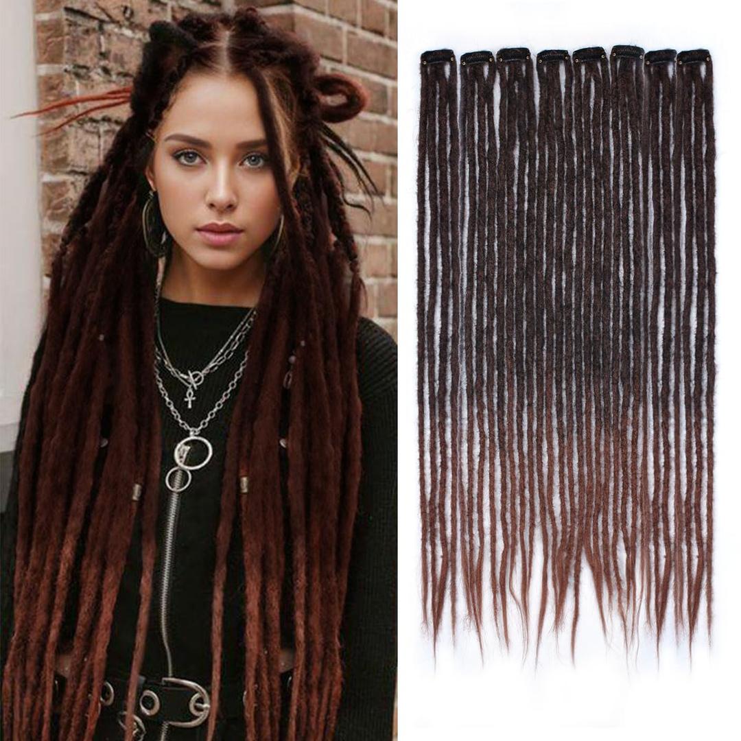 8PCS Clip in Dreadlock Extensions, 24 inch Synthetic Clip-in Dreads Extensions Handmade Soft Thin 0.6cm Width Dreadlocks(black/auburn, Clip-in 32 Strands)