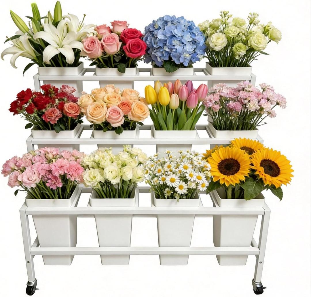 Flower Display Stand with 12 Buckets, 3-Tier Rolling Flower Cart with Lockable Wheels, Heavy Duty Bouquet Bar Stand for Florist Shop Wedding Party Patio Garden Indoor Outdoor Decor