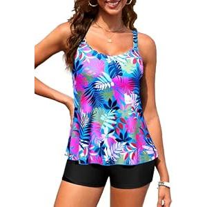 Aqua Eve Women's Two Piece Tankini Swimsuit with Shorts - Flowy Tummy Control Bathing Suit with Scallop Trim 2025 Leaves XL