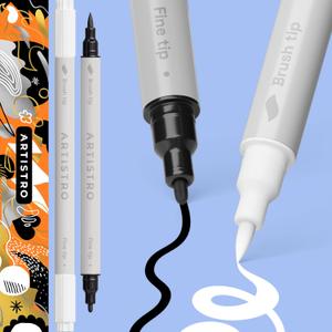 ARTISTRO 2 White Dual-Tip Acrylic Paint Pens - Multisurface Markers for Fabric, Plastic, & More, 5mm Dot + 1mm Fine Tips (Dual Tip Brush + Fine, Black&White)