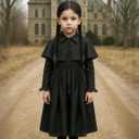 JenPen 2 Pcs Gothic Black Girls Halloween Costume Outfit with Double Braid Wig 2025 Detective Kids Cosplay Dress Accessories (M)