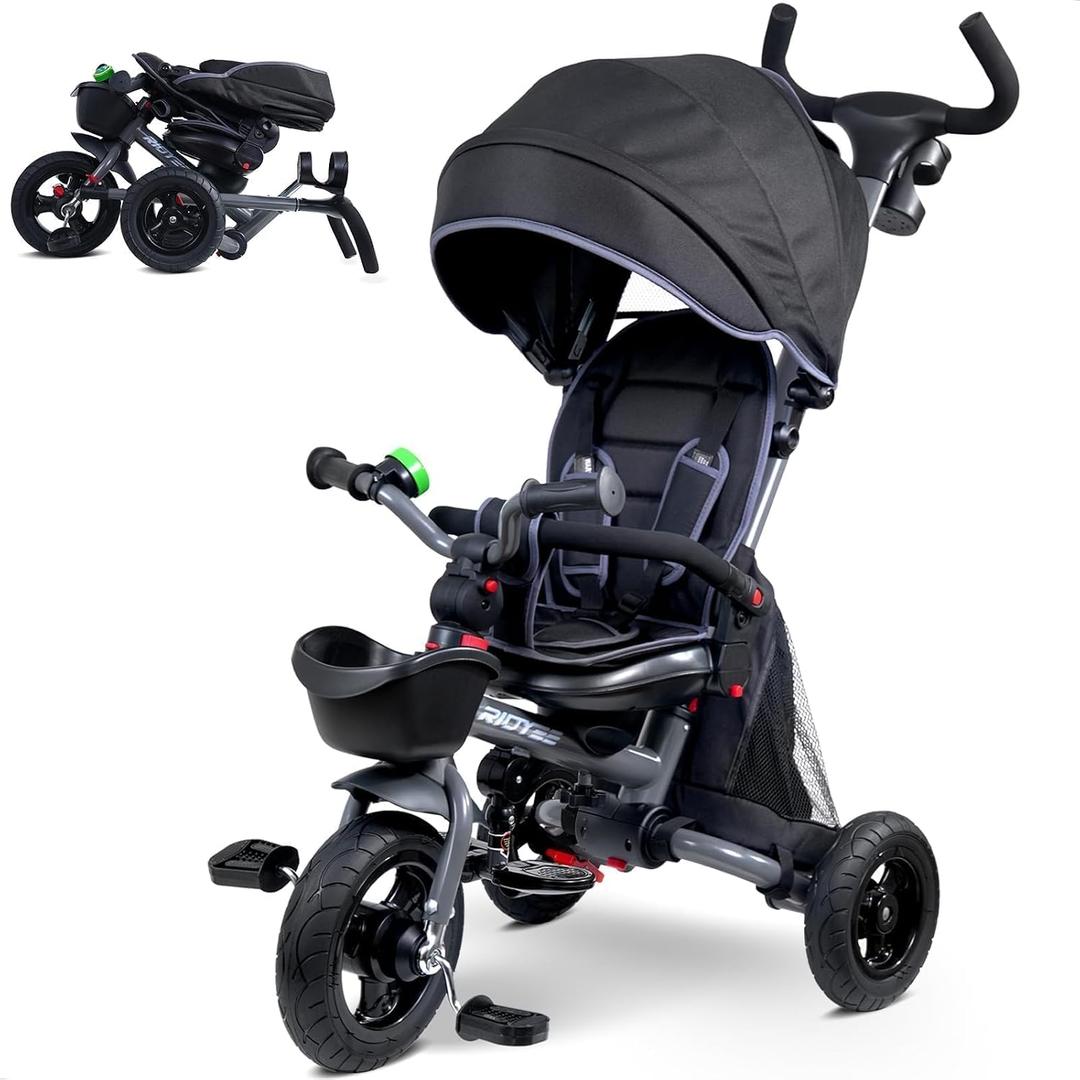 RIDYEE 7-in-1 Folding Toddler Tricycle for 18 Months to 5 Years, Tricycle Stroller with Dual Brakes, All-Terrian Rubber Tire, Tricycle for Toddlers with Rotatable Seat, Adjustable Push Handle, Grey