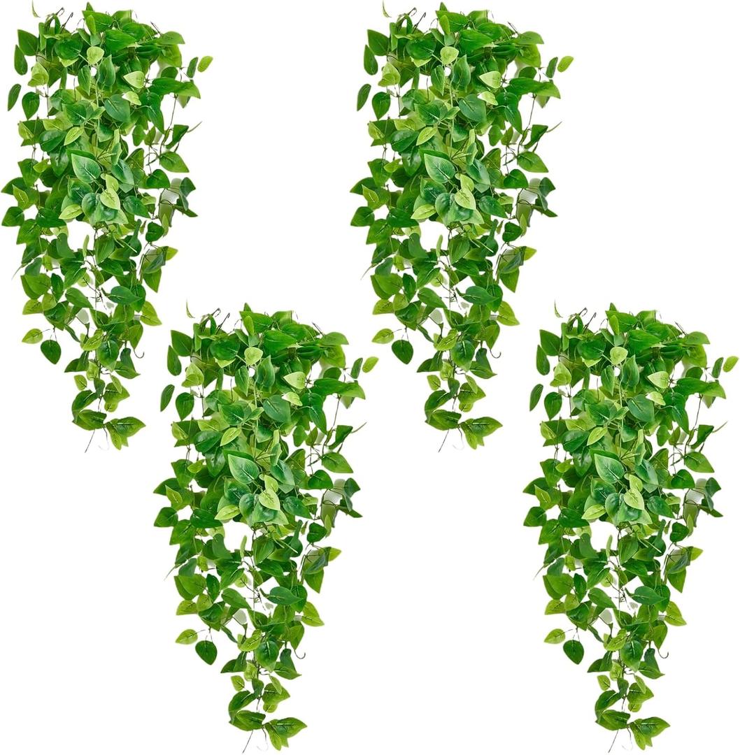 Fake Hanging Plants Vines(4pcs)for Room Decor, Artificial Ivy Greenery Garlands for Home Bedroom Living Aesthetic Kitchen Office Wall Patio Bookshelf,Indoor,Outdoor Farmhouse Decorations(No Basket)