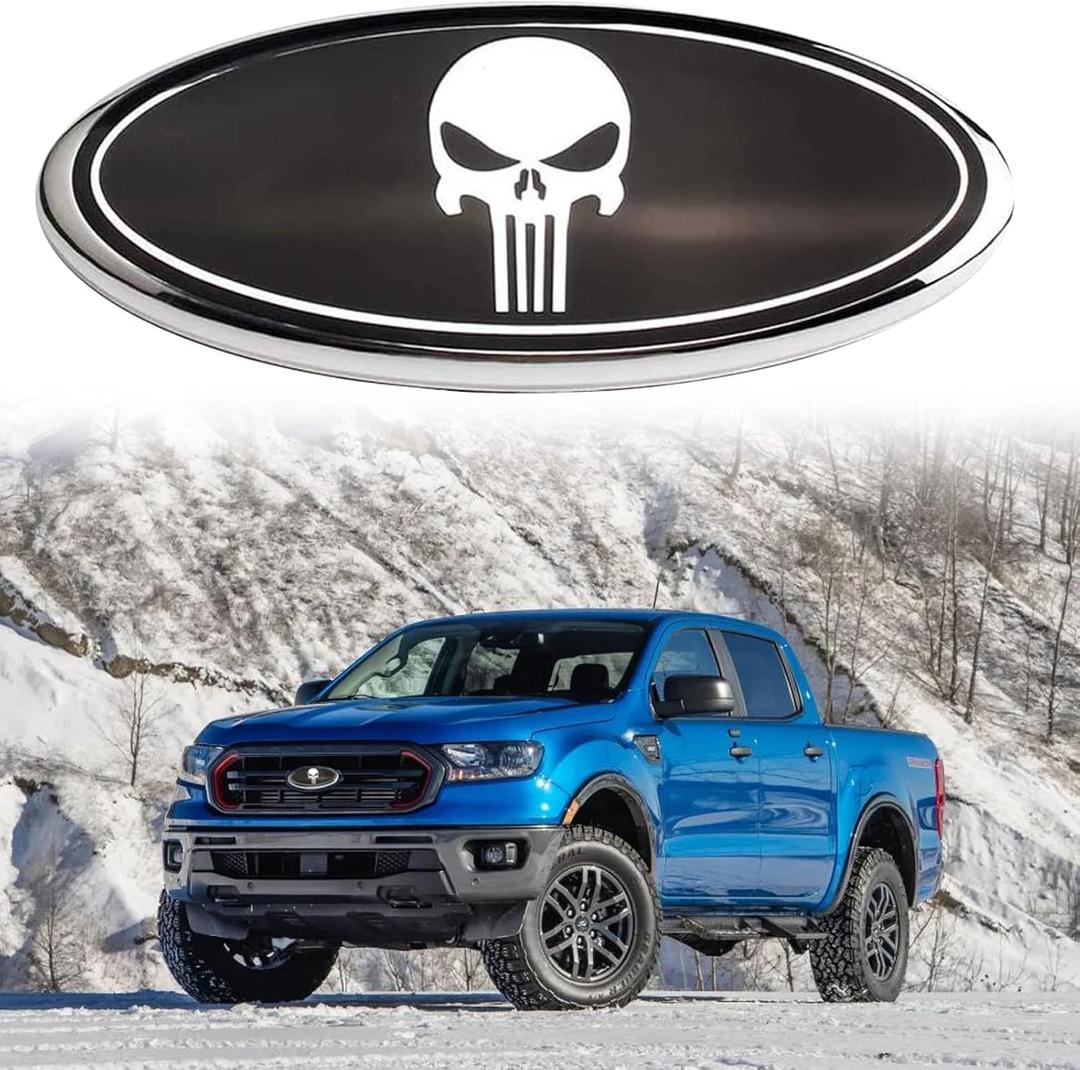 Front Grille Rear Tailgate Skull Emblem - 9" Oval Badge Name Plate Fit for 2004-2014 F150, 2005-2007 F250 F350, 11-16 Explorer, 11-14 Edge, 06-11 Range, 07-14 Expedition(Black)