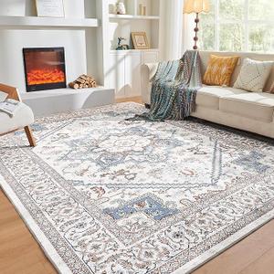 OPPODREAM 6' x 9' Soft Area Rug with Non-Slip Backing, Washable Low Pile Faux Cashmere Rug, Grey, Blue, Cream