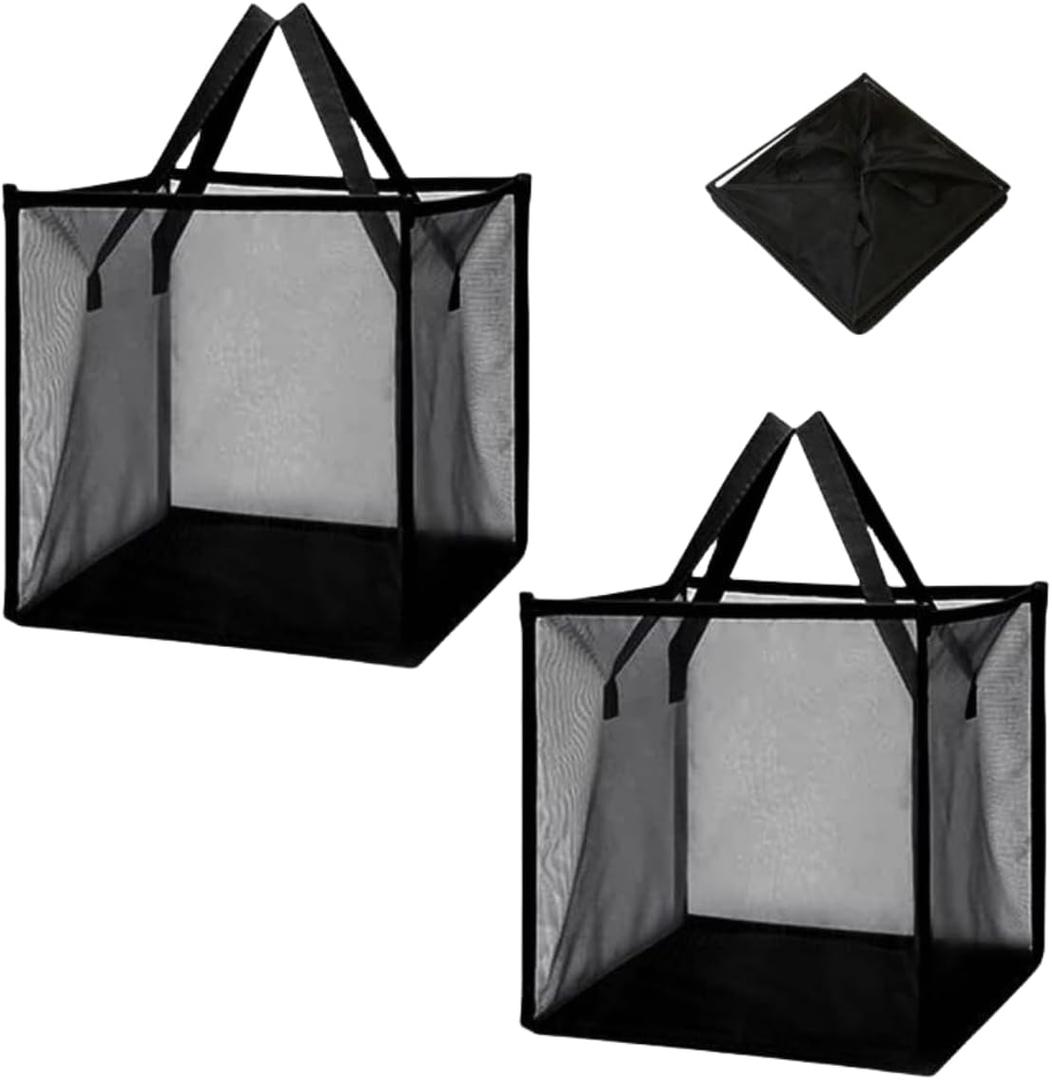 Munyee Hua Mesh Waterproof handheld Collapsible Large laundry hamper Bag, Clothes sorting and storage Foldable and Handle Basket-Good helper for sorting, tidy space (2, Black- Single Layer)