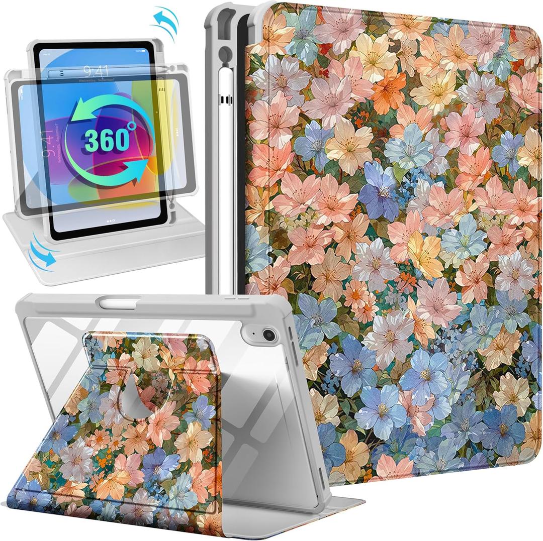 Uppuppy for iPad A16 Case for iPad 10th Generation Case 10.9 inch - 360 Degree Rotating Stand Folio Smart Cover with Pencil Holder for Women Girls, Beautiful Flowers for Apple 10th 2022/11th 2025