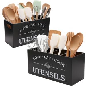 2 PC Wooden Utensil Holder,With 4-Compartments size*1 + 3-Compartments size*1 Extra Large Kitchen Counter,Cooking Spatula Organizer,Farmhouse Decor, Rustic Cooking Utensil