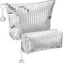 Reginary 2 Pcs Disco Cosmetic Makeup Bags Women Silver Glitter Sequin Mirror Bag Large Travel Handbag with Disco Ball Zipper Storage Makeup Bag for Christmas New Year Bridal Bachelorette Party Gifts