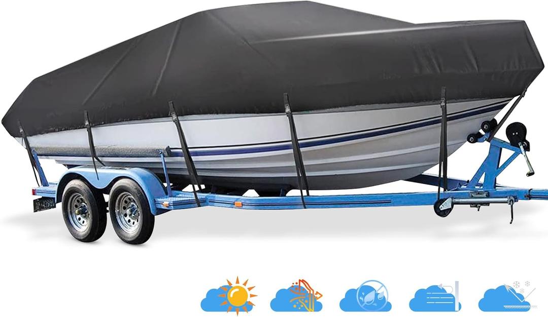 Boat Cover 16ft-18.5 ft, Heavy Duty Covers fits Bass Boats, V-Hull, Tri-Hull, Runabout, Fishing Boats, Waterproof Trailerable Boat Cover, Marine Grade Canvas Outboard Cover, (Black, Length 16' Height 12')