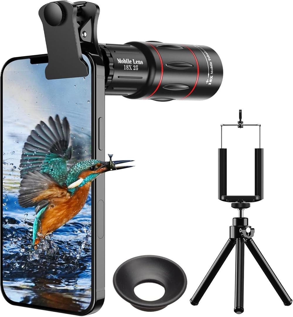 Evil Eye 18X Telephoto Lens, HD Telephoto Mobile Cell Phone Lens with Tripod, BAK4 Prism/FMC Lens, Lens Attachment for Android & iPhone, Samsung and Most Smartphone