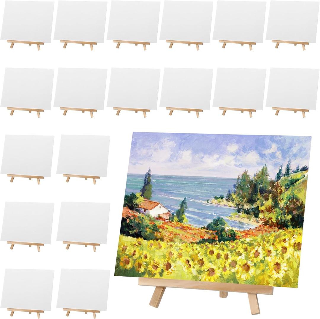 MotiMind 36 Pcs Mini Canvas and Easel Set for Painting, 8 x 10 Inch Canvas Panels with 9 Inch Wooden Easels for Oil Acrylic Painting Christmas Birthday Valentine's Mother's Day Art Crafts Party Favors