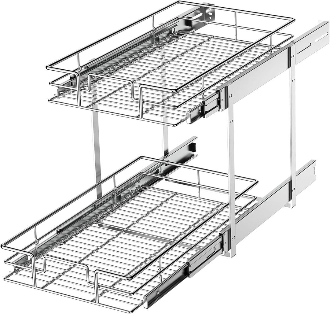2 Tier Pull Out Cabinet Organizer 11" W X 22" D, Slide Out Drawers For Kitchen Cabinets, Pull Out Drawers For Cabinets Capacity Heavy Duty Caddy, Cabinet Pullout Shelves Chrome-Plated, Bathroom Pantry
