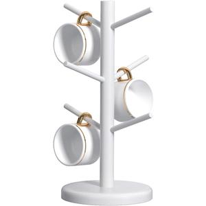 Dorhors Mug Holder Tree,Coffee Cup Holder with 6 Hooks, Wood Mug Rack for Counter,Coffee Bar Accessories and Orgnizer Station,White
