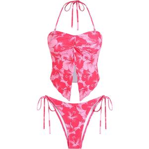 ZAFUL Floral Twist Bikini Set for Women Halter Tankini Tie Side String Swimsuit Two Piece Bathing Suit (Pink, M)