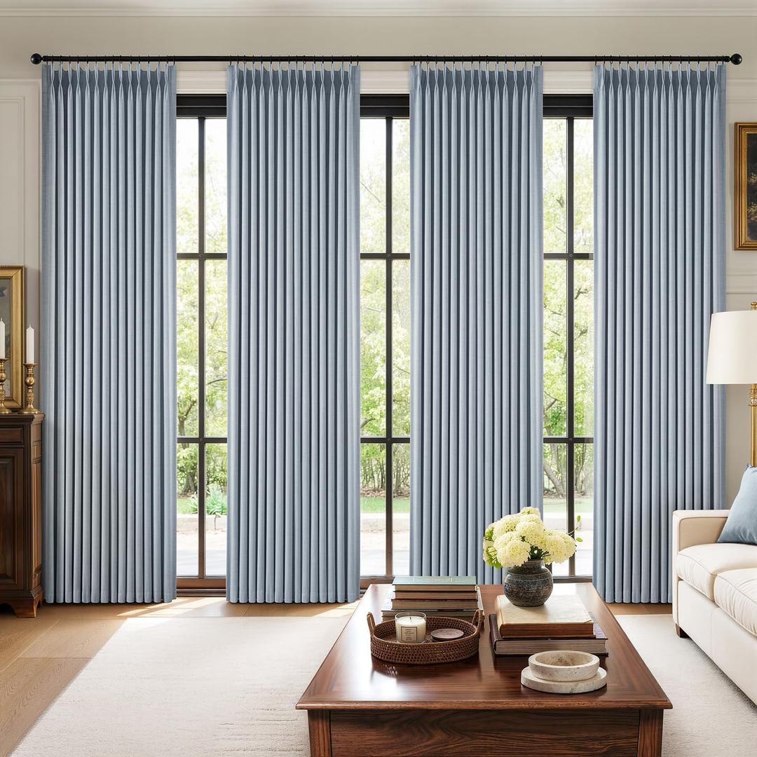 MIULEE Pinch Pleated 100% Blackout Curtains 96 Inch Long 4 Panel Set for Bedroom Thick Linen Memory Trained Pleat Living Room Darkening Back Tab Double Layer Thermal Insulated Drapes, Chambray Blue, 40"W x 96"L