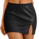 LILLUSORY Womens Leather Mini Fall Skirt with Slit (Medium, Black)