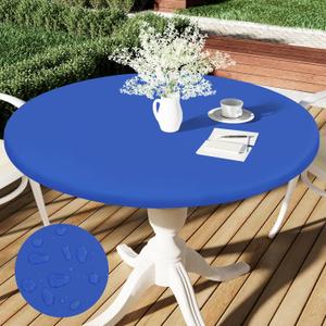 Smiry Round Table Cloth Cover, Elastic Fitted Flannel Backed Vinyl Tablecloths for 45"-56" Round Tables, Waterproof Wipeable Table Covers for Indoor, Outdoor, Picnic and Camping, Blue